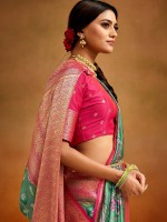 Aqua Green And Pink Soft Handloom Banarasi Silk Saree